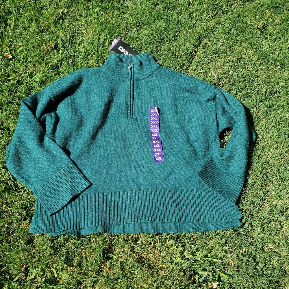DKNY Women's XXL Solid Green Knit Mock Neck 1/4 Zip Long Sleeve Sweater